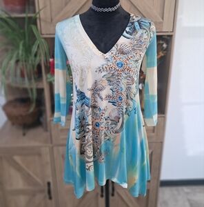 Boho Chic Tunic Asymetrical Rhinestones Lace Starfish Seashell Print Beachy Boho